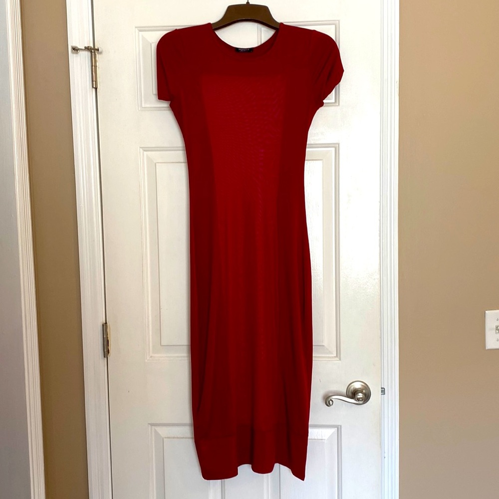 Burgundy, tight fitting dress with sheer panels front and back